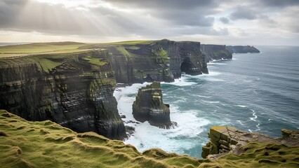 Dramatic coastal cliffs rise above the ocean, with waves crashing against the rugged shoreline.