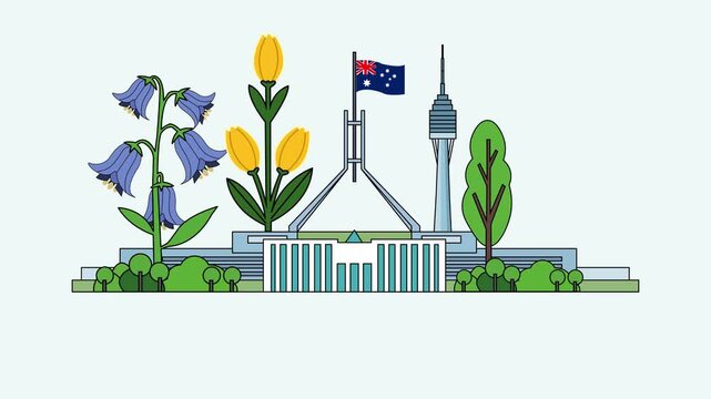 Animated Canberra Day Landmark Illustration with Australian Symbols