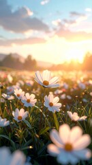 Beautiful Cosmos Flowers Blooming in a Field at Golden Hour Sunset.