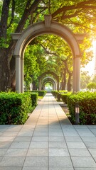 Beautiful arched pathway through lush green trees and manicured hedges, bathed in warm sunlight, creating a serene and inviting atmosphere.