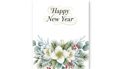 Happy New Year Floral Watercolor Greeting Card, White Flowers, Winter Greenery, Holiday Botanical Illustration, Elegant Seasonal Design