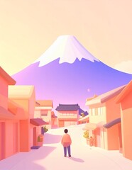 A serene illustration of a person walking towards Mount Fuji in a charming Japanese village at sunset.