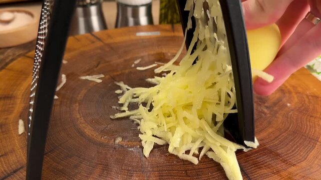 Grating a fresh raw potato on a wooden board for cooking preparation