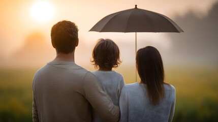Family under umbrella at sunrise symbolizing protection security and togetherness