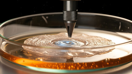 Precision instrument tip creating ripples in amber liquid in petri dish water