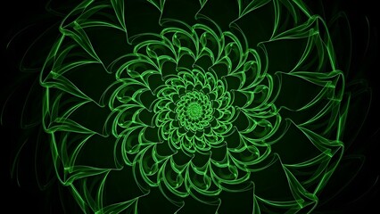Abstract Green Glowing Spiral Flower Mandala Fractal Pattern on Dark Background