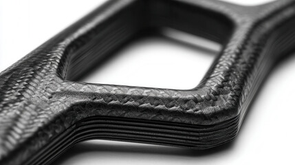 Close-up fragment of composite sports gear showcasing sharp-edged carbon-fiber texture and rubberized coating against a pure white background 