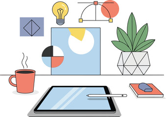 Modern Digital Artist Workspace with Tablet Stylus and Design Icons
