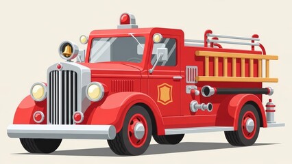 Vintage Red Fire Truck with Ladder and Equipment Illustration.