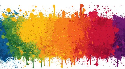 Vibrant Rainbow Hues Paint Splatter Pattern Horizontal Layout on White Background Graphic Resource for Creative Designs and Artsy Projects With Colorful Splashes