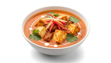 Fototapeta premium Paneer Butter Masala Indian Dish in White Bowl with Garnish on White Background indian food curry