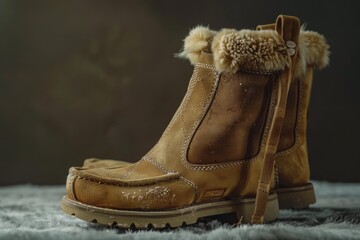 Stylish, fur lined brown winter boots sit on a soft fur rug, evoking warmth and comfort on a cold day