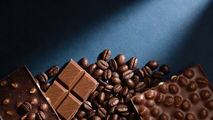 Coffee Bean-Studded Chocolate Bars on Dark Blue Background