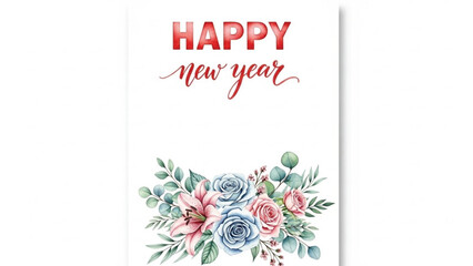 Happy New Year Floral Watercolor Greeting Card with Roses and Lilies, Elegant Botanical Bouquet, Pastel Flower Illustration Design