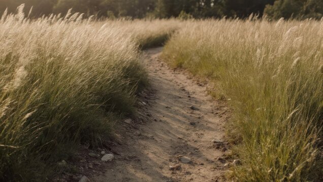 Narrow dirt path winding through a sunlit field of tall golden grass at sunset.