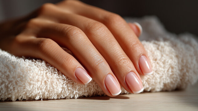 Close-up of elegant female hands with a finished natural manicure, soft pink nude nail polish and glossy finish, well-groomed nails and smooth skin, minimal beauty concept with cozy neutral tones. - Powered by Adobe