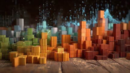 Abstract Block Cityscape with Gradient Color Wooden Cubes on Rustic Wood Surface with Digital Data Stream Overlays
