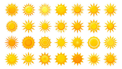 Collection of stylized, yellow sun icons with various ray and central disc designs on black