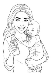 mom is going to feed the baby with milk from a bottle. coloring book