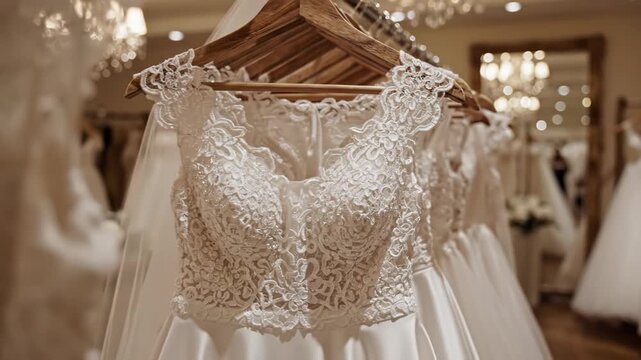 Elegant white wedding dress with intricate lace details on display in a bridal shop with other gowns