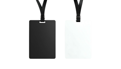 Two rectangular ID badges, one black and one white, with black lanyards against black