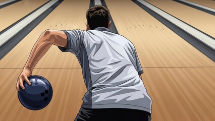 Man Preparing to Bowl a Strike on a Polished Wooden Lane.