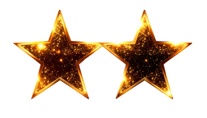 Two shimmering, golden, five-pointed stars on a black background, with sparkling details