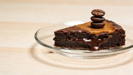 Coffee Caramel Lava Cake Slice with Roasted Coffee Beans