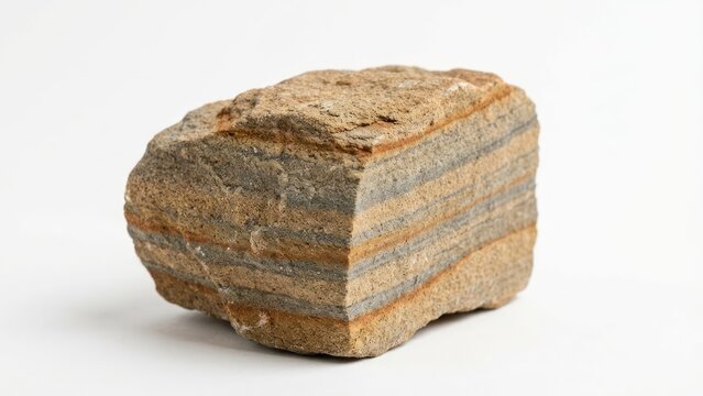 Sedimentary rock sample showing distinct layers isolated on white background clean and simple geology specimen