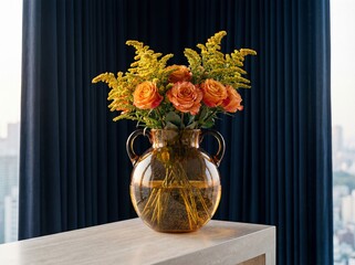 Vibrant Bouquet of Orange Roses and Yellow Solidago in Amber Vase