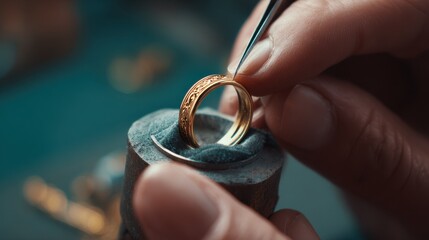 Medium shot of a jeweler carefully handcleaning a gold ring with a polishing cloth focusing on the intricate details while surroundings fade into soft focus.
