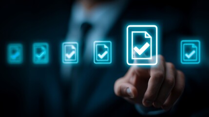 Business executive's hand touches a glowing digital document icon with a checkmark on a dark screen, concept for digital checklist, compliance audit and electronic contract management