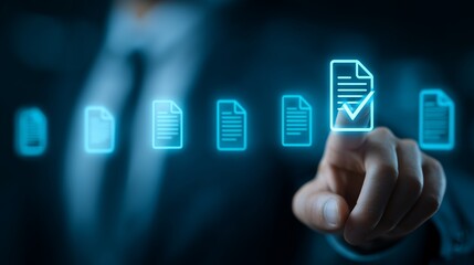 Corporate executive's hand touches holographic confirmed document icon on digital interface background, concept for e-signature agreement, business compliance audit and electronic data management