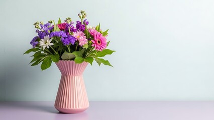 Beautiful bouquet of flowers in a pink vase on a table