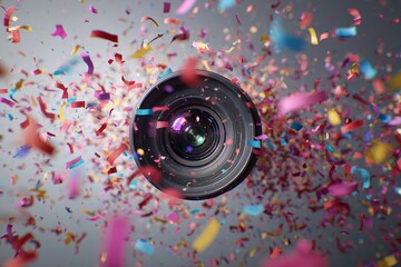 Camera lens centered amidst vibrant multicolored falling confetti on a clean grey background, concept for party celebration, artistic photography and festive event promotion