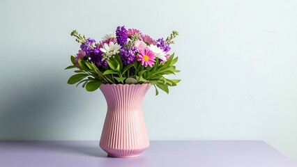Beautiful pink vase with colorful spring flowers arrangement