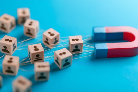 Red and blue magnet attracting wooden cubes with black human icons on a vibrant blue background, concept for lead generation, talent acquisition and social networking strategy