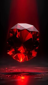 Spinning red ruby gemstone rotating under a dramatic spotlight beam in a cinematic 3D animation, illustrating luxury and wealth concepts.