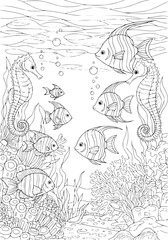 fish and seahorses in the depths of the sea. coloring book