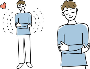 自分自身をハグする男性のゆるい線画セット（自己肯定）