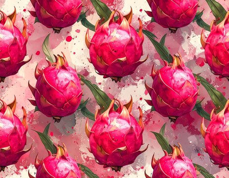Watercolor design features vibrant red pitayas with green leaves