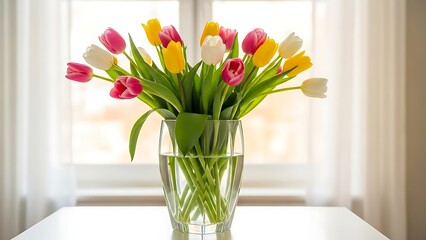Vibrant tulips in a glass vase on a table by the window