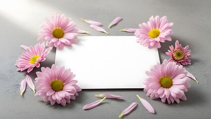 Pink flowers arranged around a white card on gray background