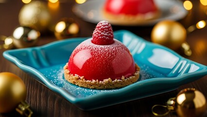 A red dessert on a blue plate with gold decorations