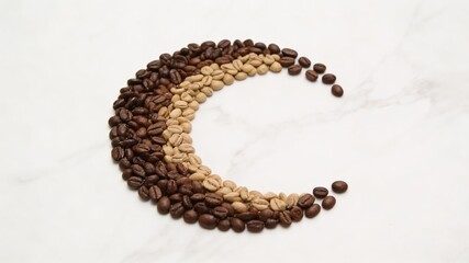 Crescent Moon Arrangement of Roasted and Green Coffee Beans