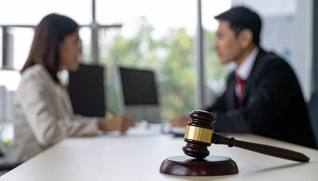 Judge gavel on courtroom desk, blurred man and woman engaged in mediation, legal discussion.