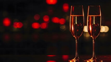 Two champagne flutes filled with bubbly golden liquid reflecting red and white bokeh lights glasses drink