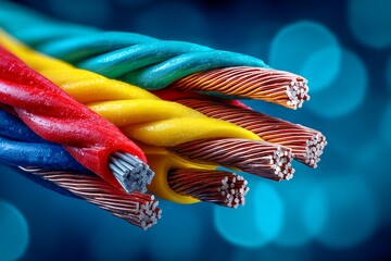 Macro view of vibrant, stripped electrical wires exposing copper and aluminum conductors on blue background, concept for energy transmission, telecommunications and industrial wiring infrastructure