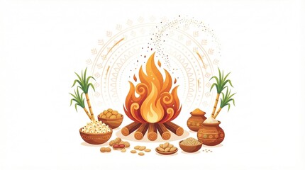Lohri Festival Celebration with Punjabi Culture, Traditional Bonfire and Folk Dance, Vector Illustration