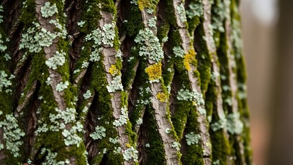 Close up of rough tree bark covered in moss and lichen, showcasing intricate textures and natural patterns in a forest setting